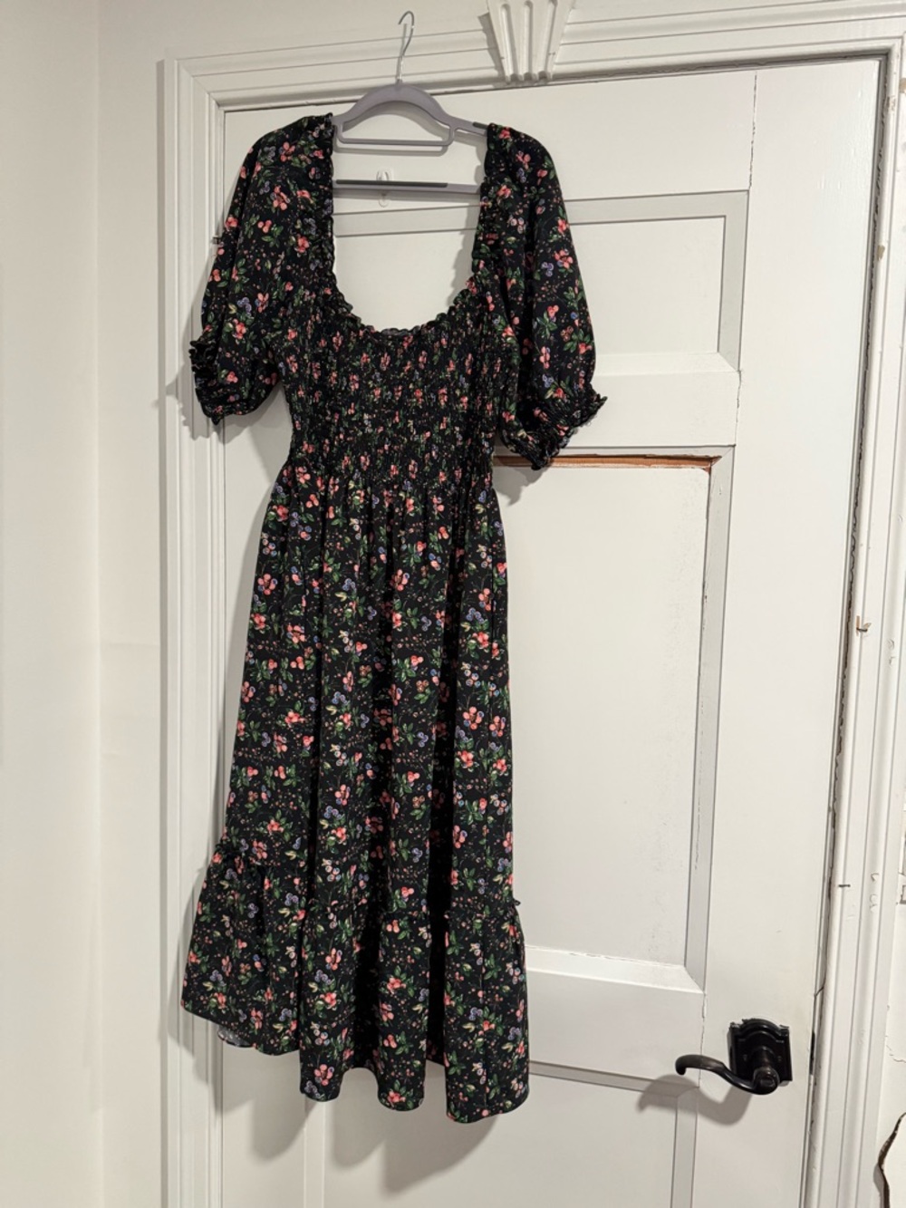Hill House Floral Midi Dress - Black with Pink & Green Blossoms